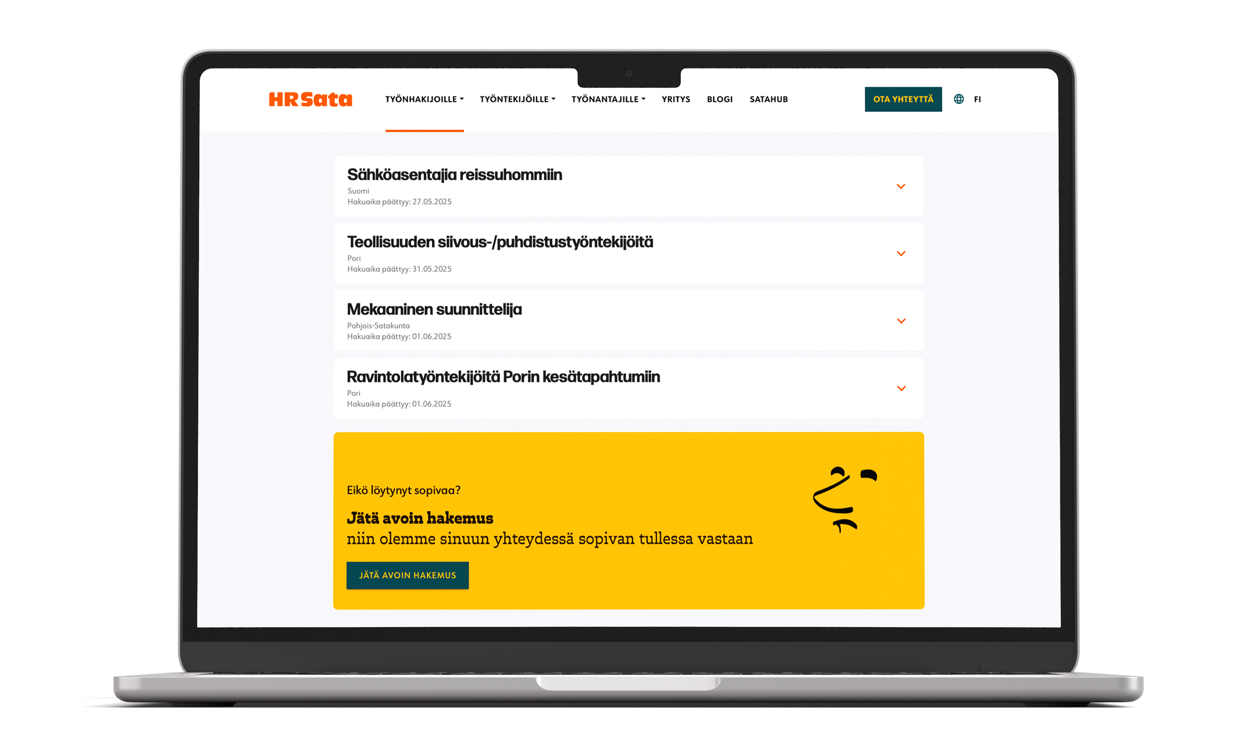Tietokoneen näyttö, jossa avoinna urasivusto, sisältäen listan avoimista työpaikoista ja hakemuslomakkeen osan.