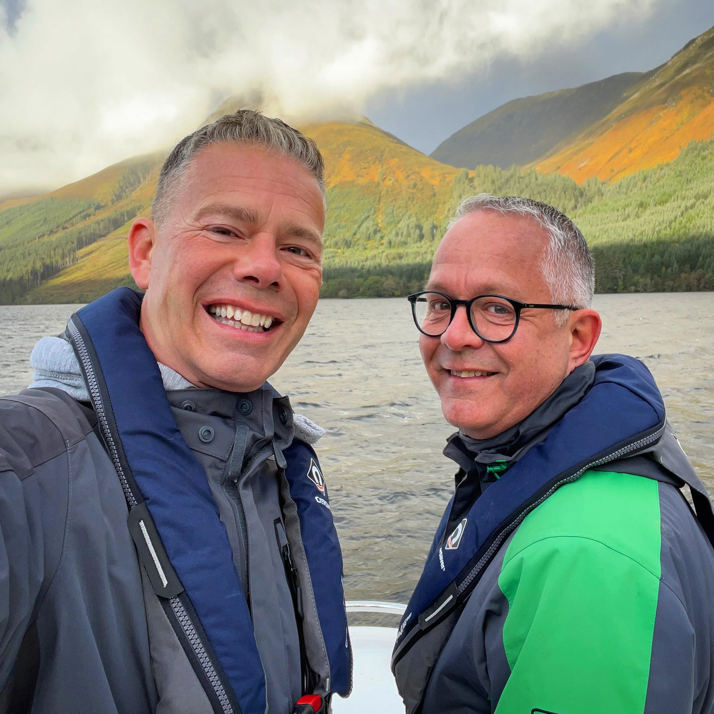 Colin and Shaun filming Foxes Afloat on the water in the Scottish Highlands.