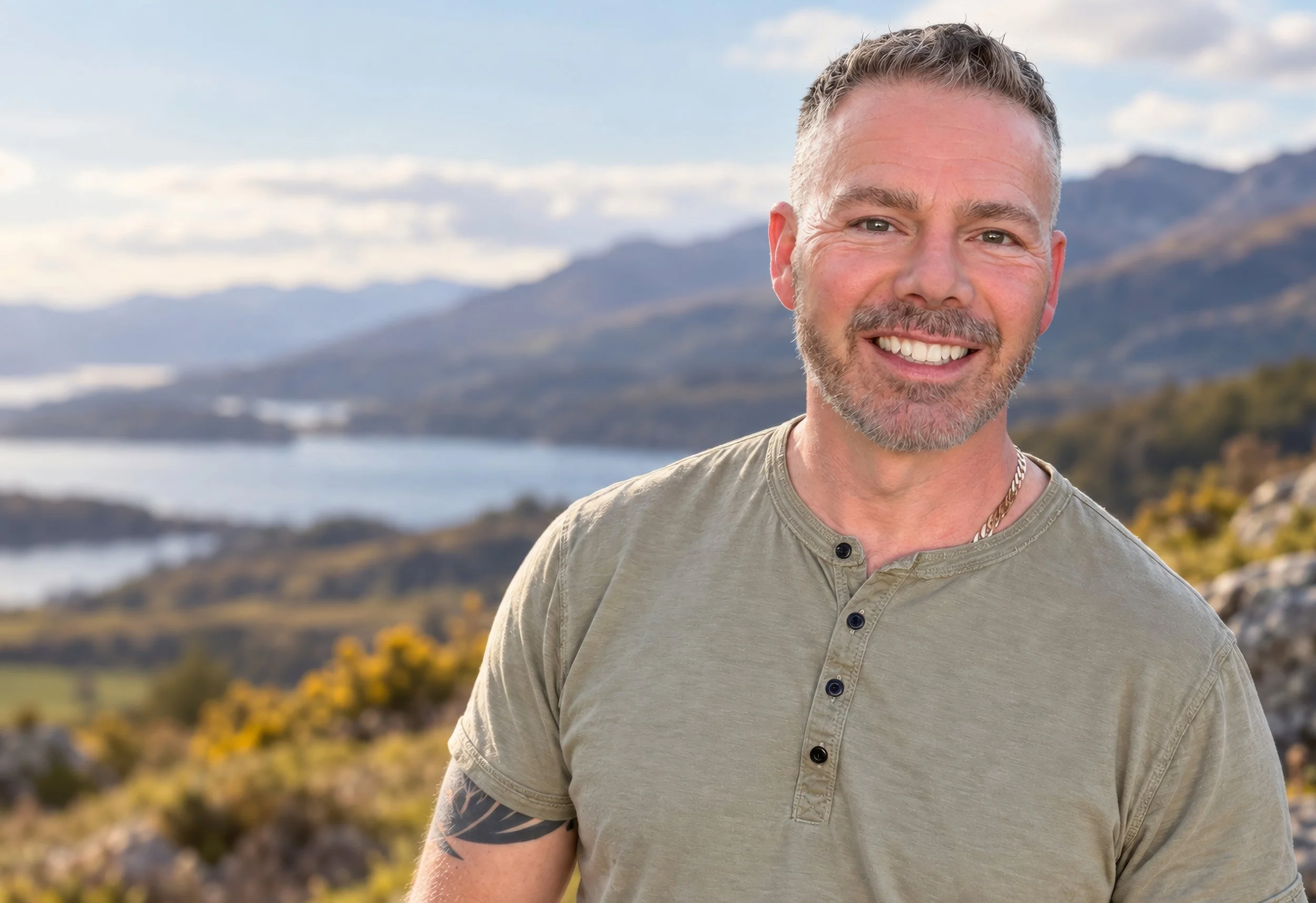 Colin Dobson-Fox in the Scottish Highlands, with mountains and a loch behind him.