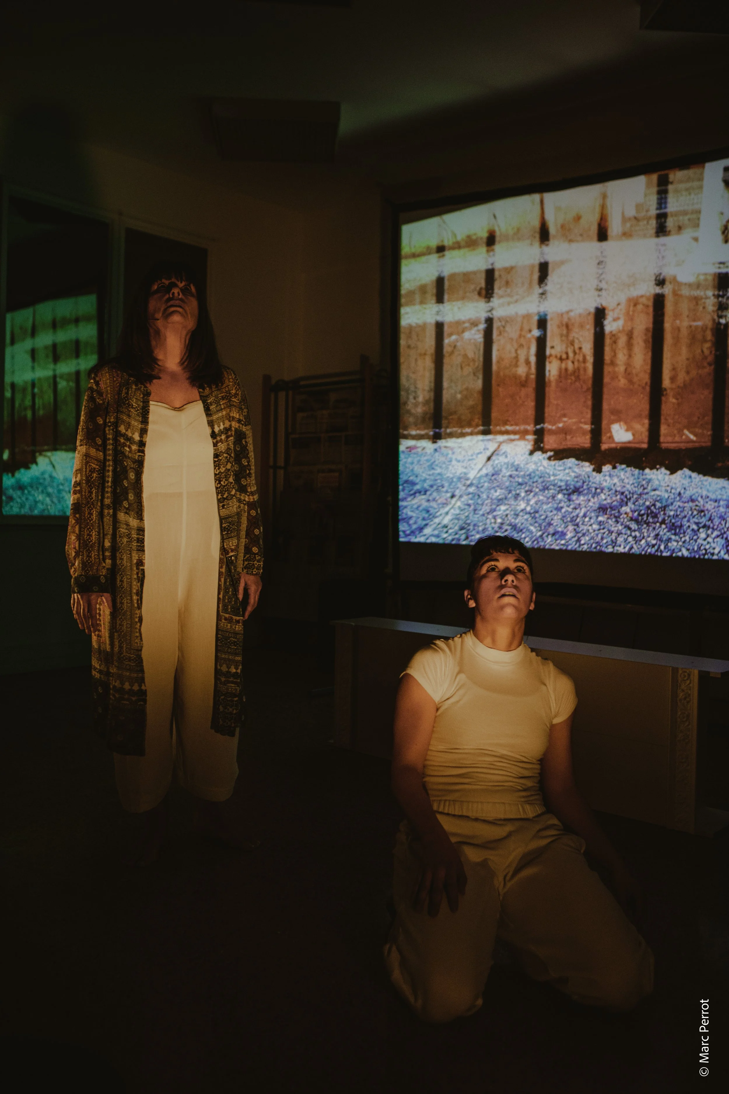 Une femme debout et une autre assise, dans une pièce sombre, avec des projections d'images à l'écran derrière elles.