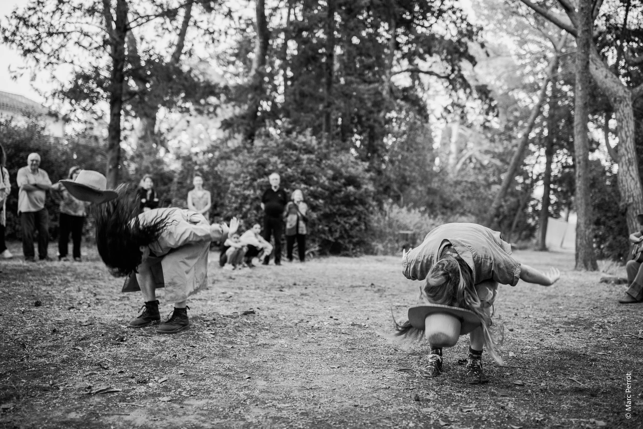 Des enfants jouent à la balle ou à un jeu dans un parc entouré d'arbres