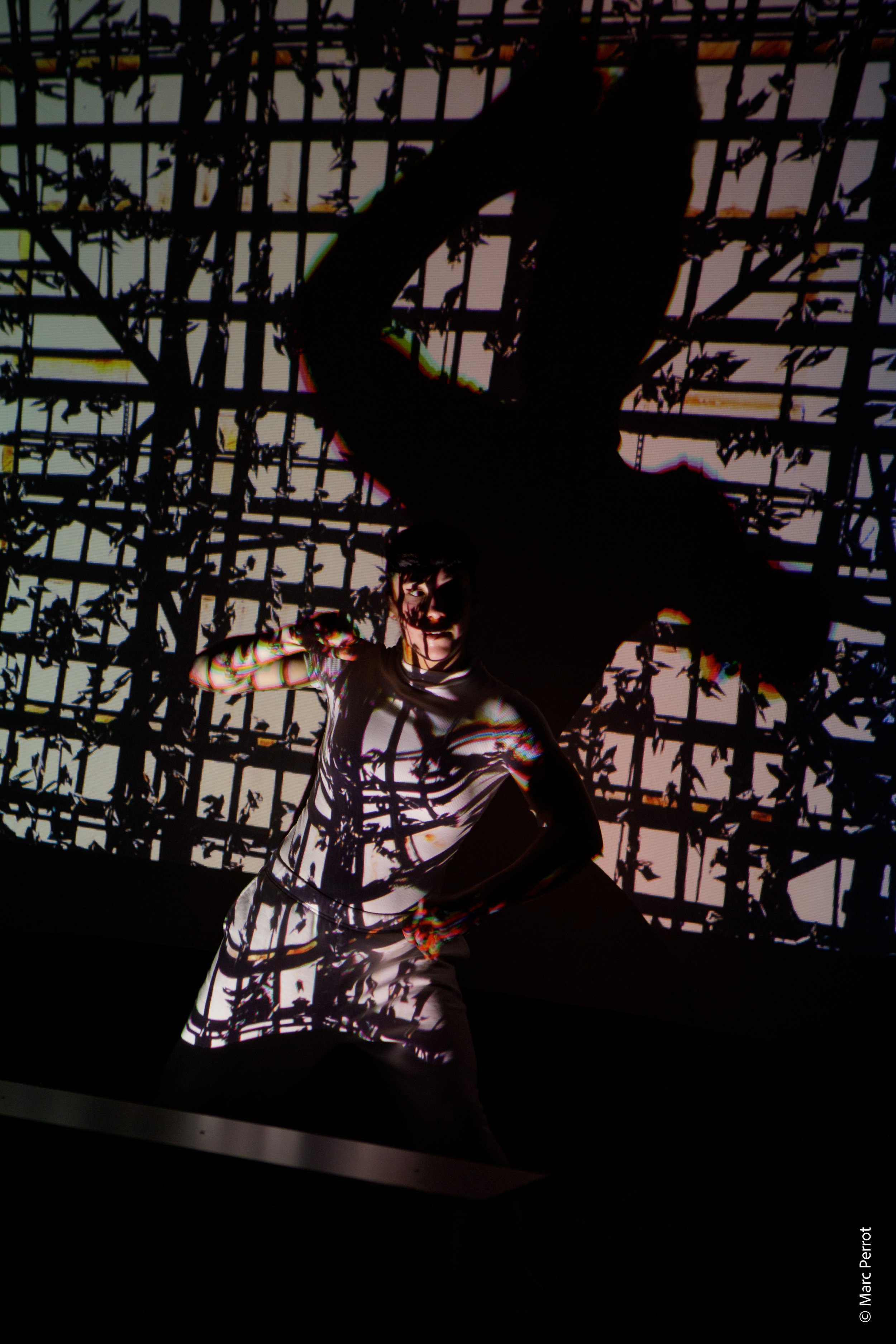 Une personne pose avec un fond de projections d'ombres et de lumières créant un motif complexe. La silhouette de la personne est visible, ainsi que ses vêtements à motifs. La projection donne un effet artistique à la scène.