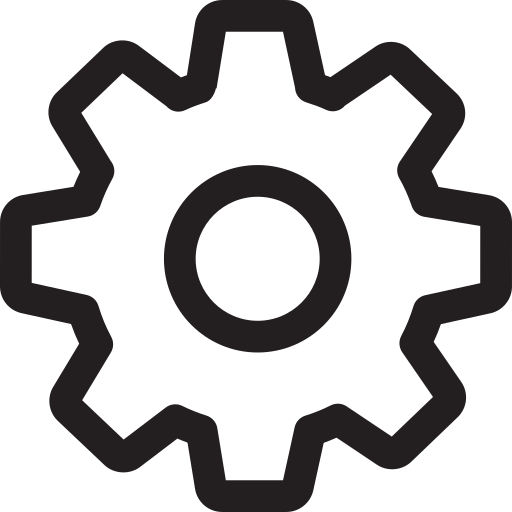 A black and white icon of a gear or cogwheel.
