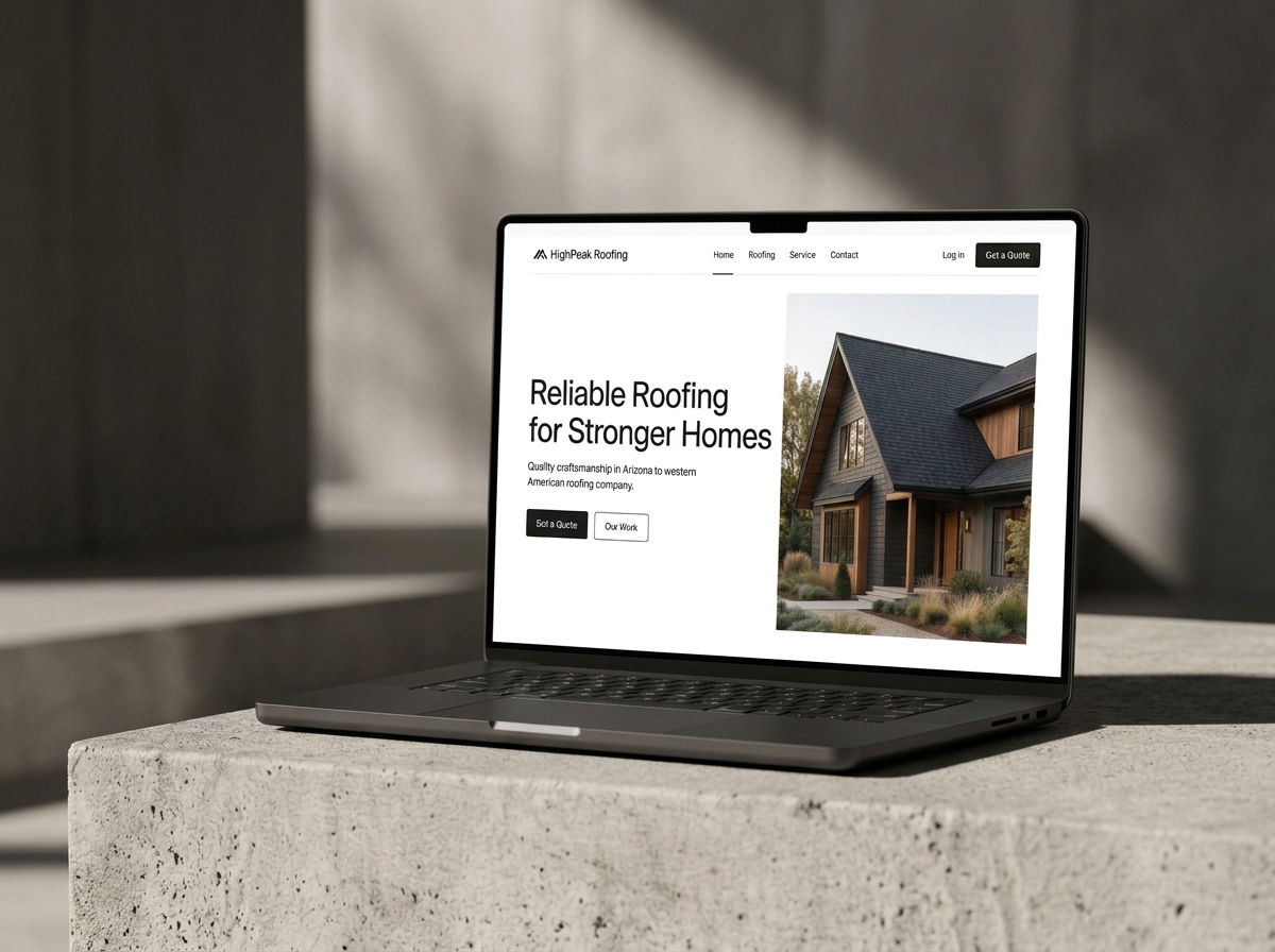 Open laptop on concrete surface displaying roofing company's webpage with a house image, company logo, menu options, and a get a quote button.
