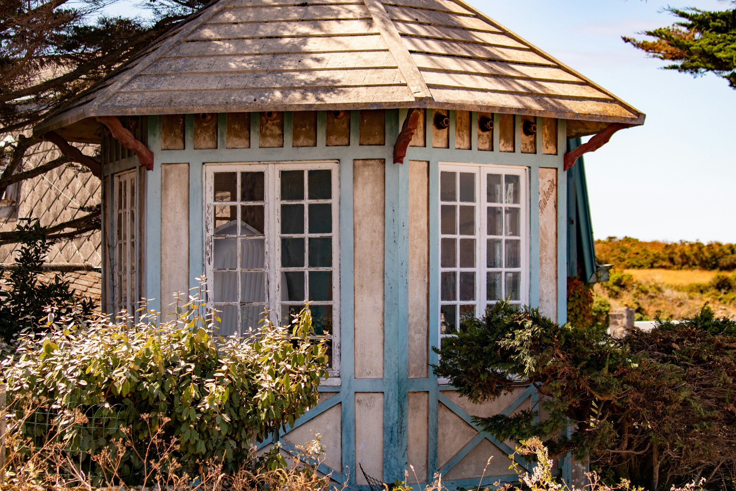 A small house with a weathered roof and large windows, surrounded by bushes and trees, under a clear sky.