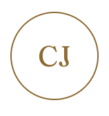 Gold initials 'CJ' inside a thin gold circle.