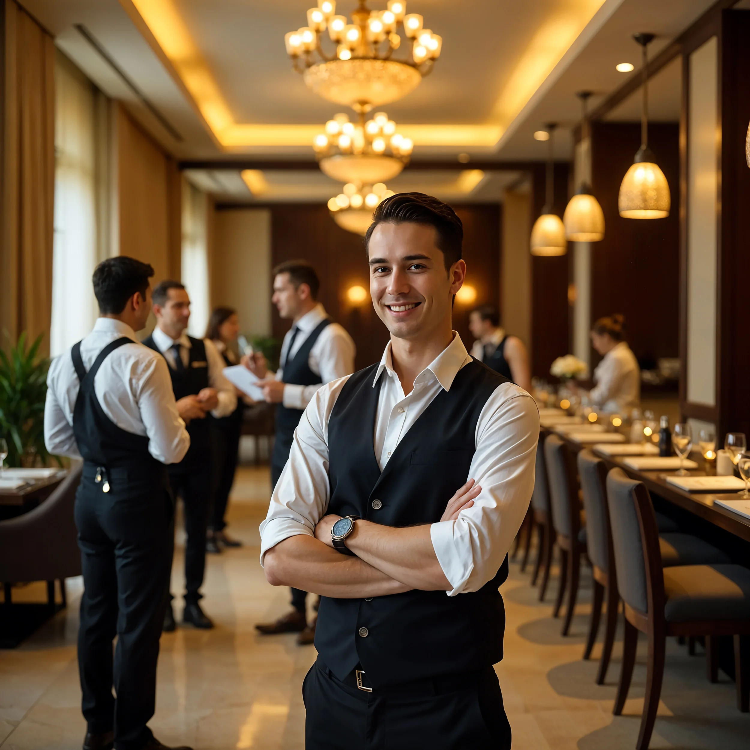 A young man with short dark hair, wearing a white shirt and black vest, smiling confidently at the camera in a formal dining setting with warm lighting and chandeliers.