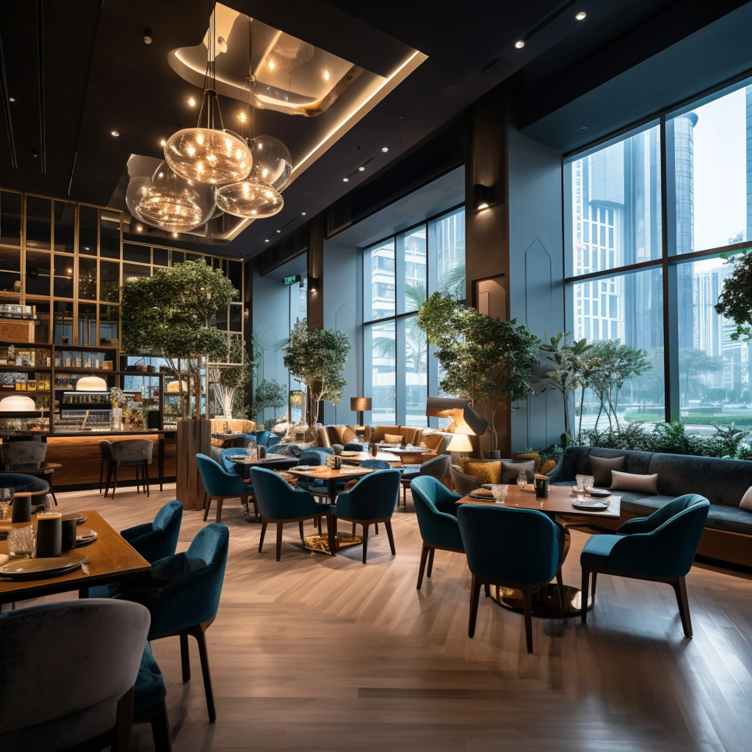Interior of a modern restaurant or hotel lobby with large floor-to-ceiling windows, stylish furniture, and decorative lighting fixtures.