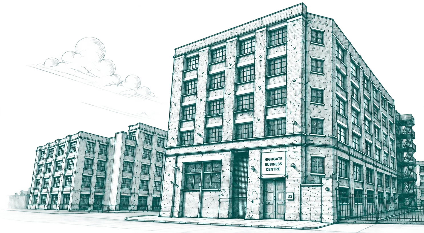 Line drawing of a multi-story office building labeled 'Highgate Business Centre' on a city street, with a fire escape on the side and streetlights nearby.