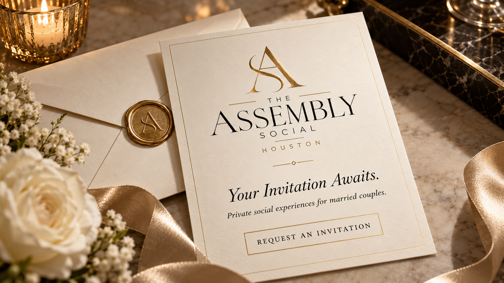 An invitation card for 'The Assembly Social Houston' event with gold-embossed text, an envelope with a wax seal featuring a gold 'A' monogram, surrounded by white flowers, a gold ribbon, and a candle holder with a lit candle, all on a marble surface.