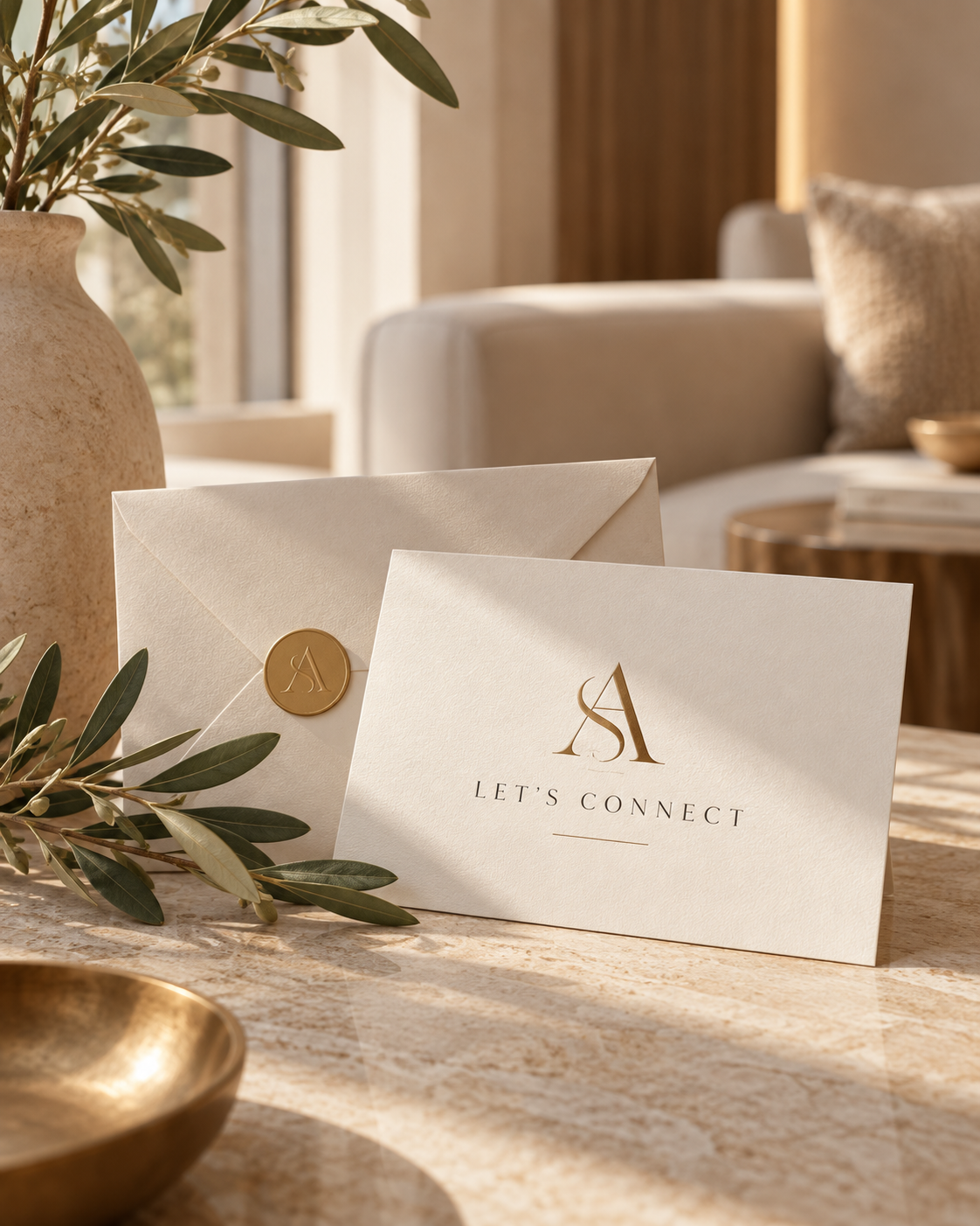A cream-colored card and matching envelope with gold embossed 'A' seal and logo, placed on a wooden table with greenery and a golden bowl in a well-lit, elegant room.