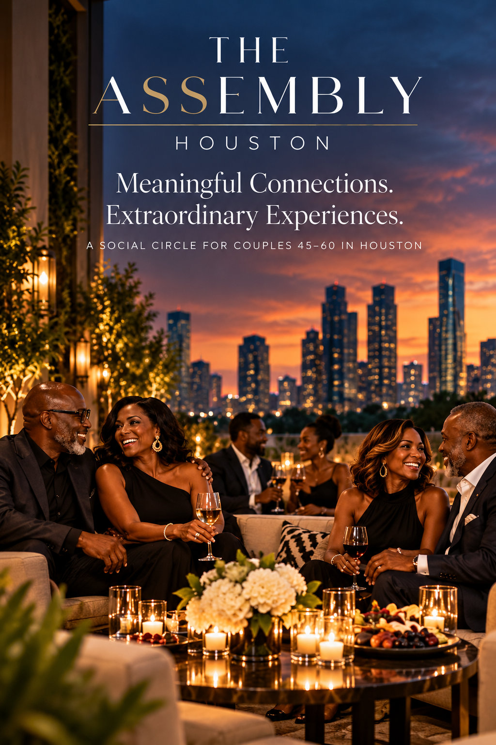 A group of elegantly dressed people enjoying drinks and conversation at a rooftop party during sunset with a city skyline in the background.