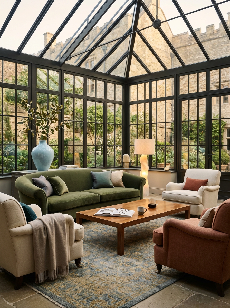 A sunroom with large glass windows and a glass ceiling, showing a garden outside. Inside, there are four armchairs and a sofa arranged around a wooden coffee table with books, glasses, and mugs. A tall lamp and a large vase with greenery decorate the space.