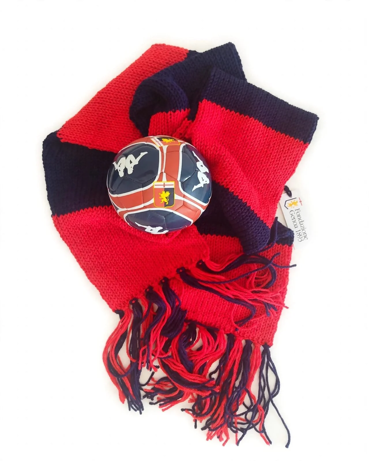 Sciarpa in maglia a larghe righe rosse e blu con frange a contrasto