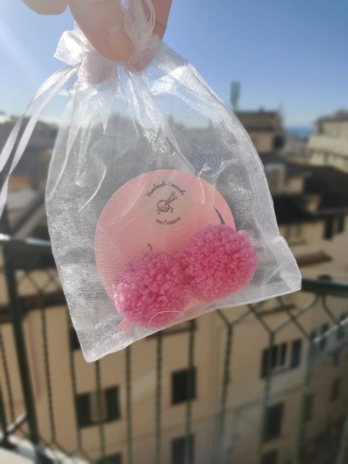 Mano che regge un sacchettino in organza trasparente con due orecchini pon pon rosa e un’etichetta tonda