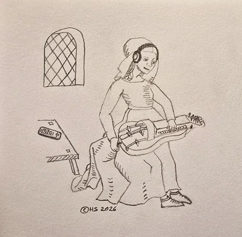 A person sitting on a stool playing an acoustic guitar, with a music stand and a book nearby, inside a room with a window.