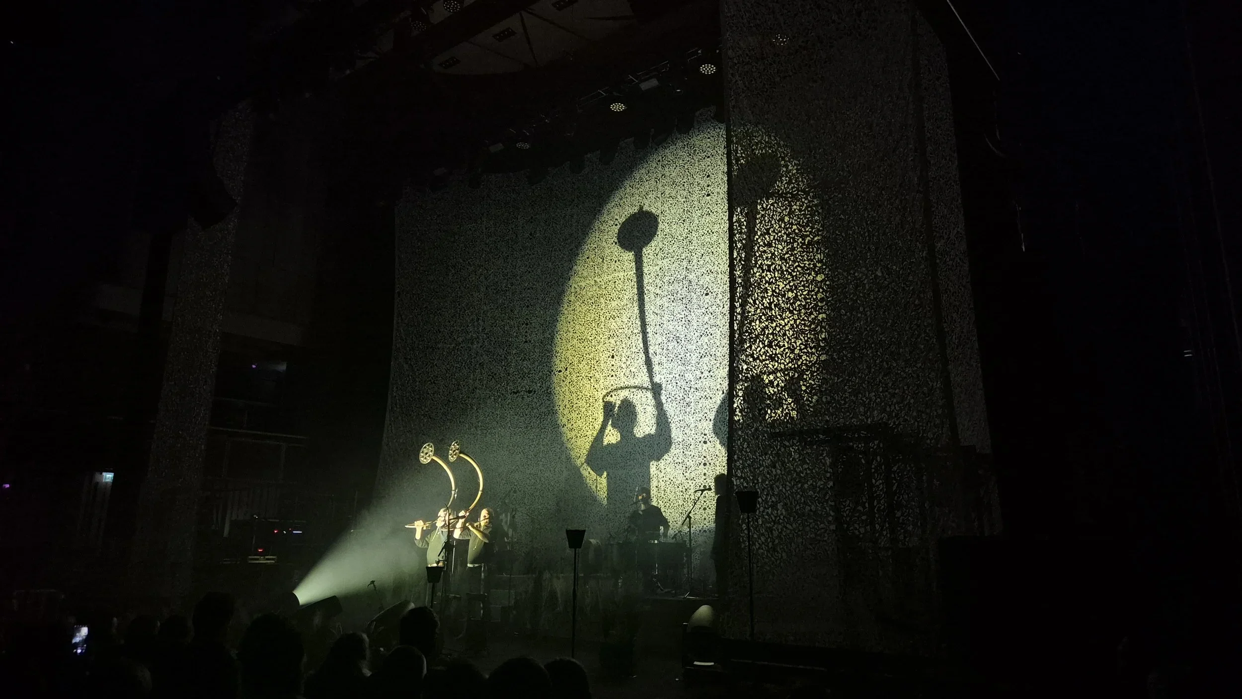 A stage with performers and musicians, with lighting creating shadows of microphones on a textured wall behind them, in a dark concert setting.