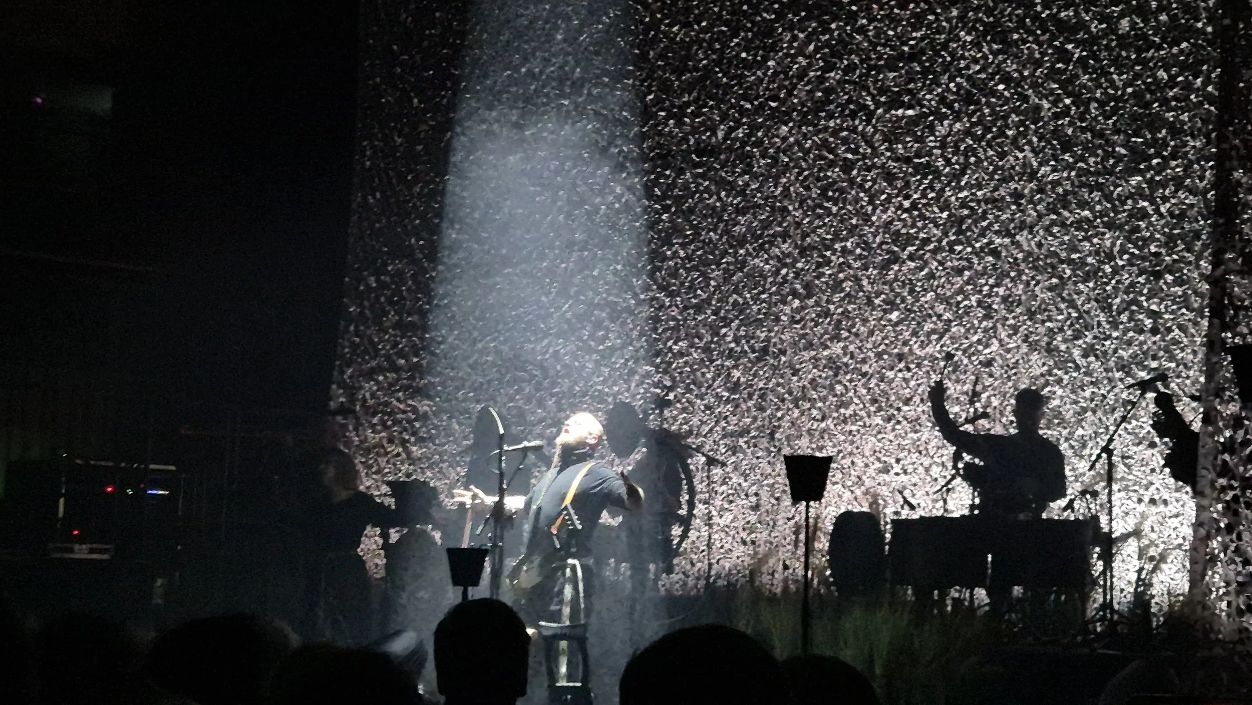 A stage with a musician performing under dramatic lighting, with a backdrop of falling confetti or paper. Audience silhouettes are visible in the foreground.
