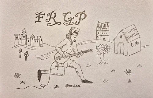 A hand-drawn illustration of a person running while playing a guitar, with initials 'ERGB' above, castles, a church, trees, flowers, and a small house in the background.