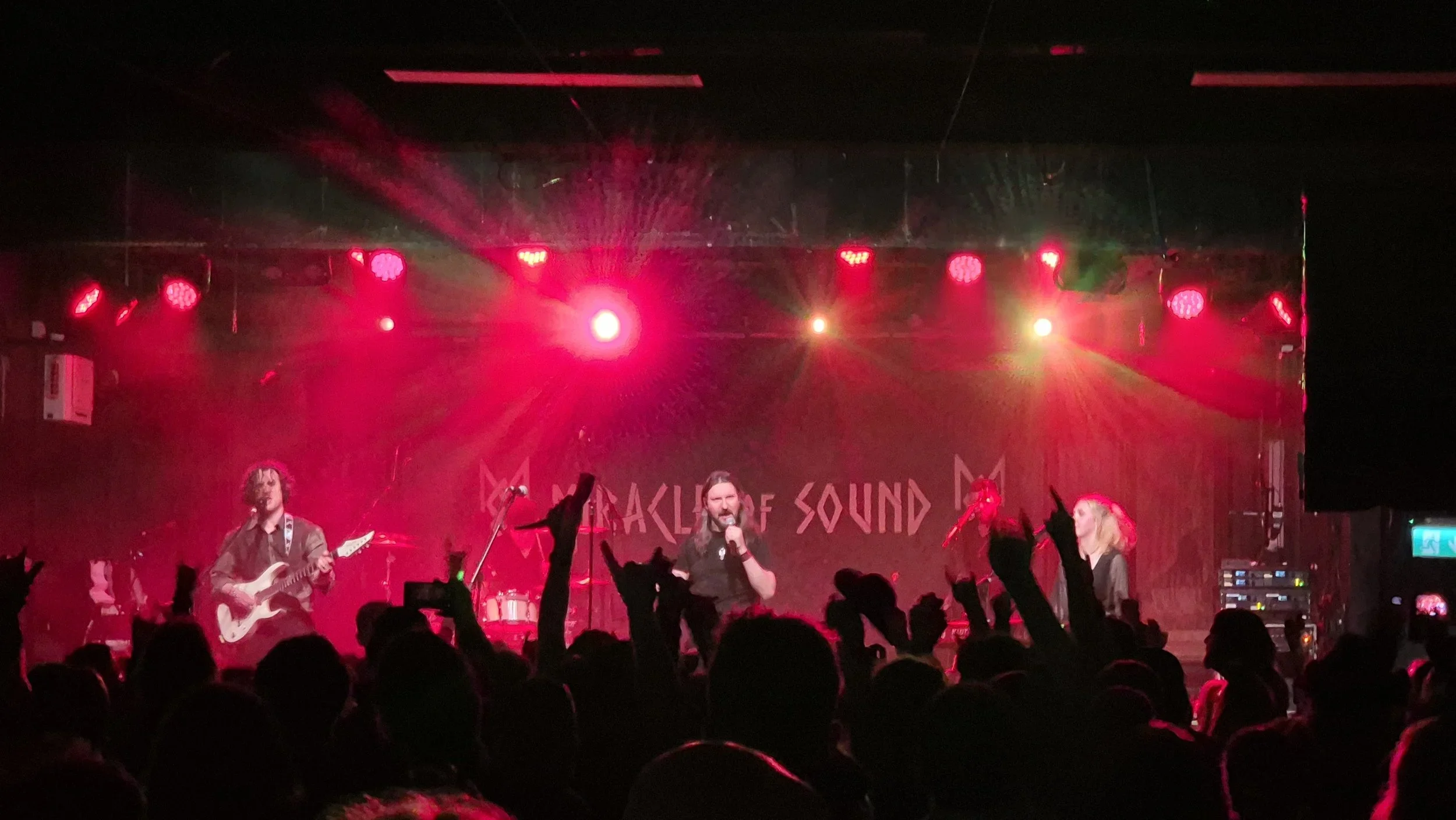 A live concert with a band performing on stage under red lighting, audience members with raised hands, and a backdrop with the text 'Snake of Sound'.