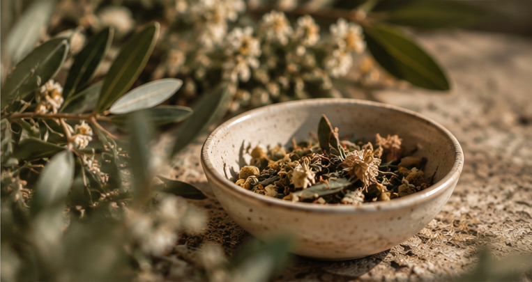 Eine Keramikschale mit getrockneten Kräutern oder Pflanzen, umgeben von grünen Zweigen und kleinen weißen Blumen auf einer Steinoberfläche im Sonnenlicht.