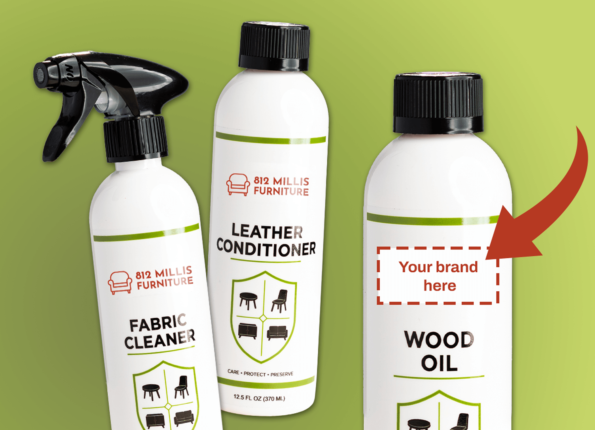 Fabric Cleaner, Leather Conditioner and Wood Oil showing how retailer branding can be added to product labels.