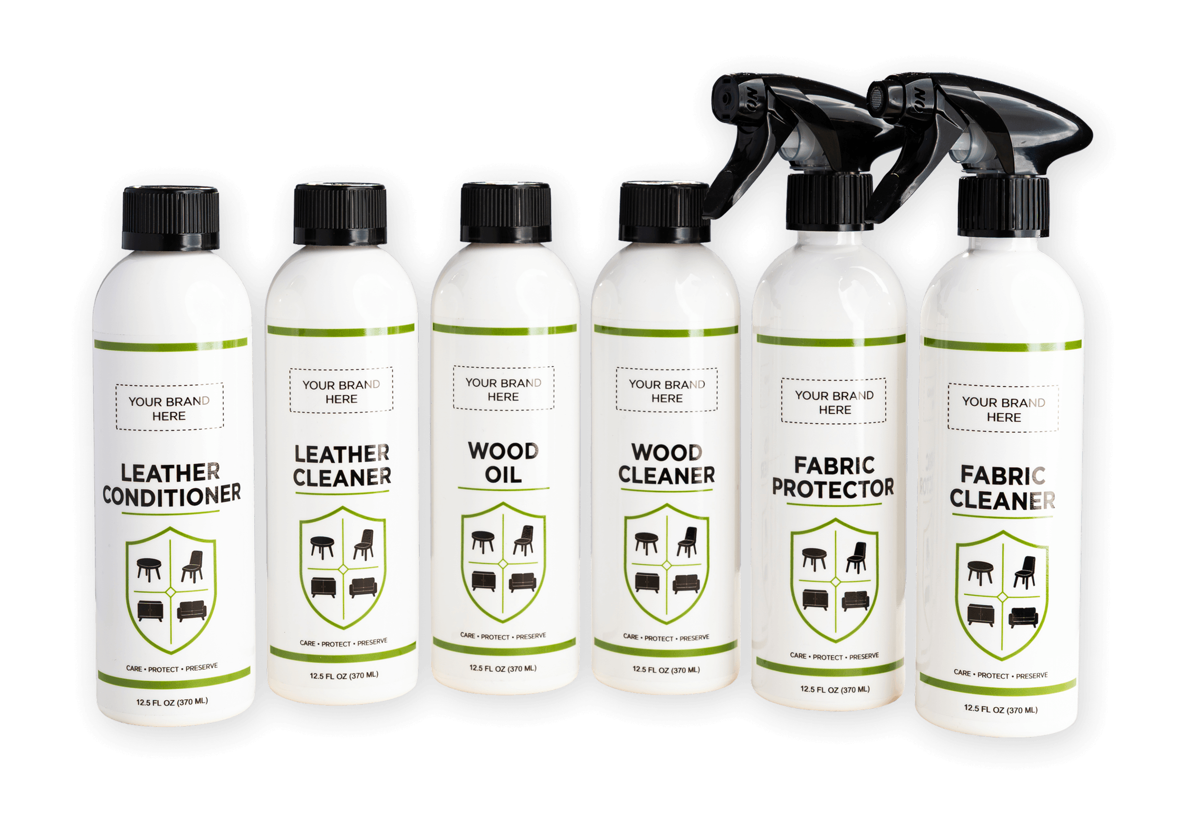 Six private-label furniture care products for leather, wood and fabric: Leather Conditioner, Leather Cleaner, Wood Oil, Wood Cleaner, Fabric Protector and Fabric Cleaner.