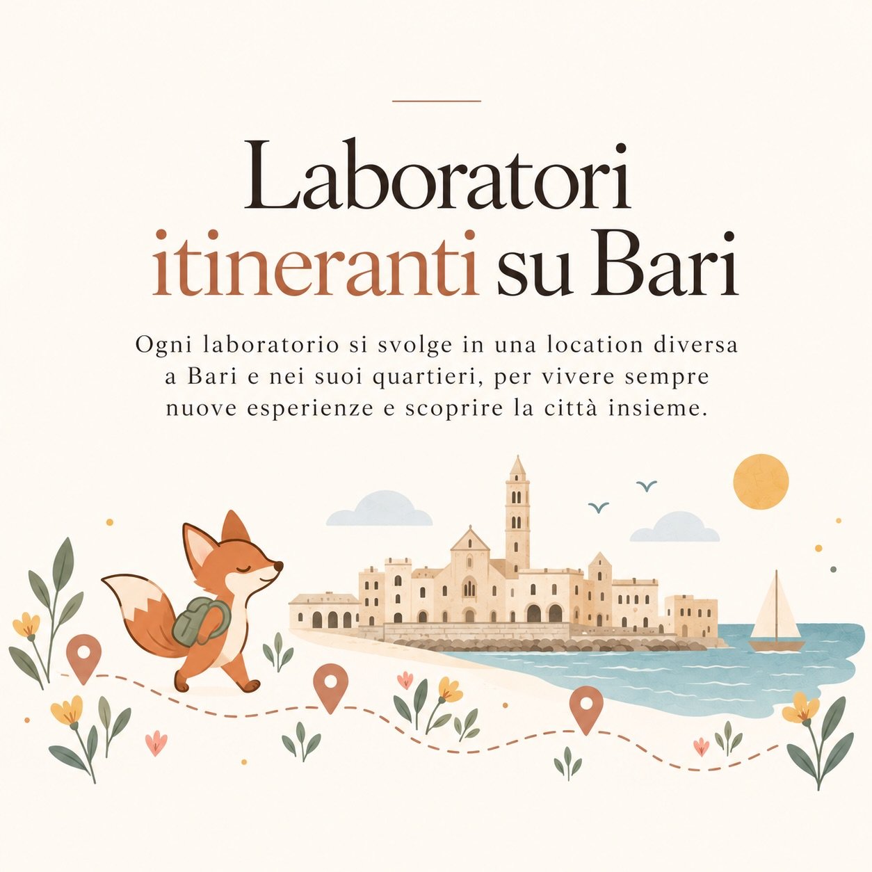 Ogni volta, una nuova avventura. 🦊📍

Little Fox Club non ha un solo posto: si muove per Bari, alla ricerca di spazi, quartieri e luoghi sempre nuovi da scoprire.

I nostri laboratori diventano cos&igrave; piccole tappe di un viaggio fatto di creati
