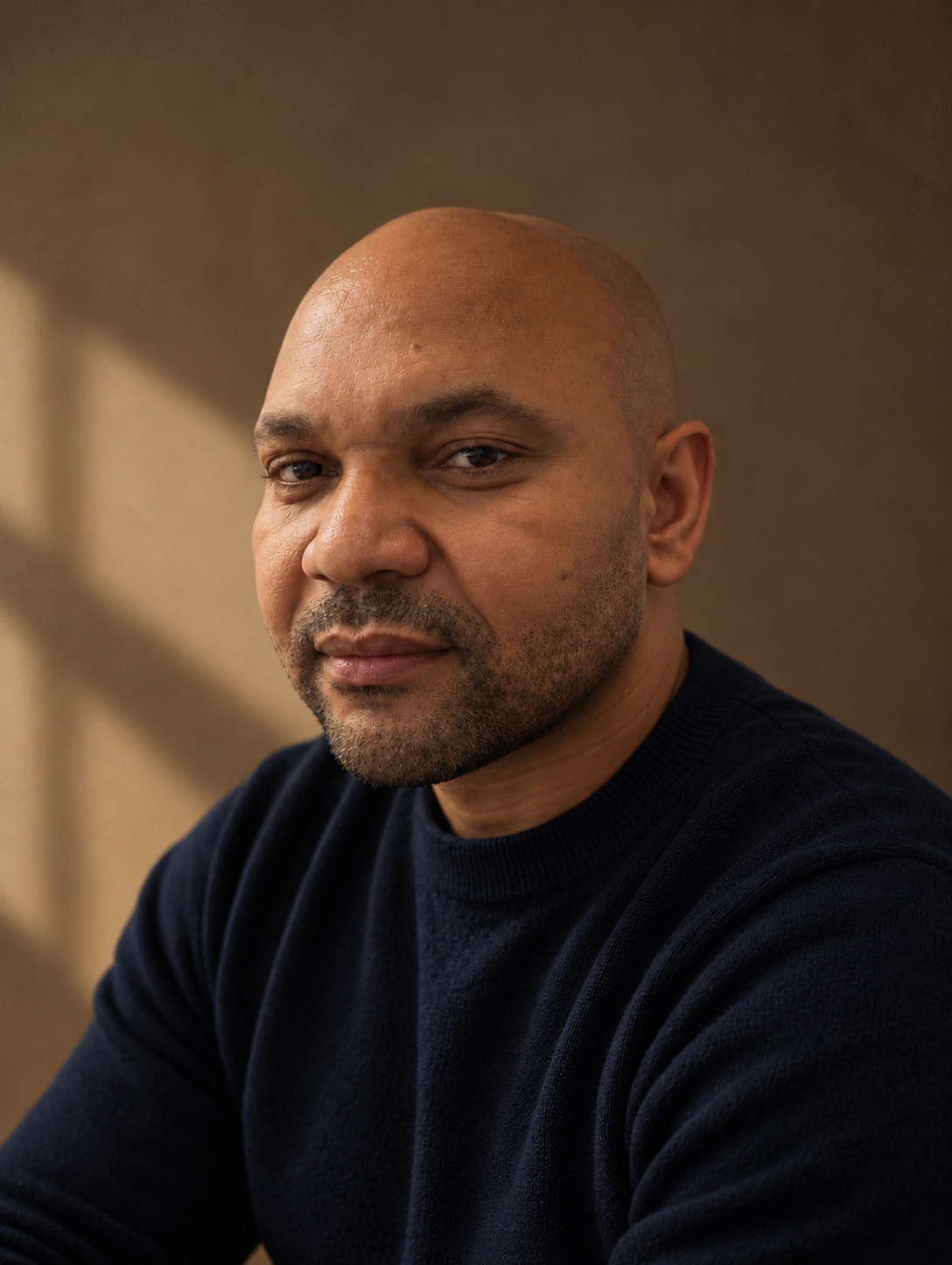 Close-up portrait of a bald man with a beard wearing a black sweater, looking slightly to the side with a neutral expression. Background is blurred.