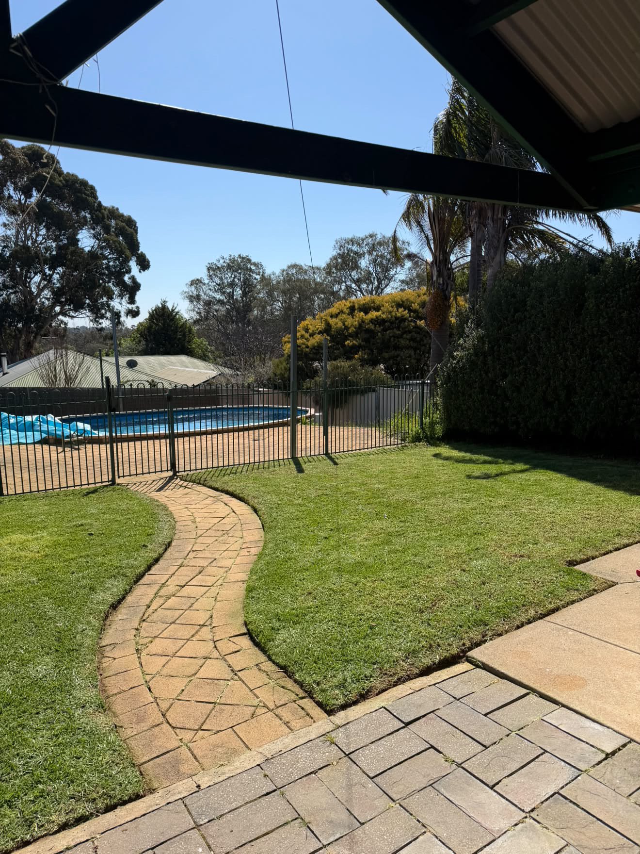 Backyard with a brick pathway, green grass, a fenced swimming pool, trees, and a blue sky.