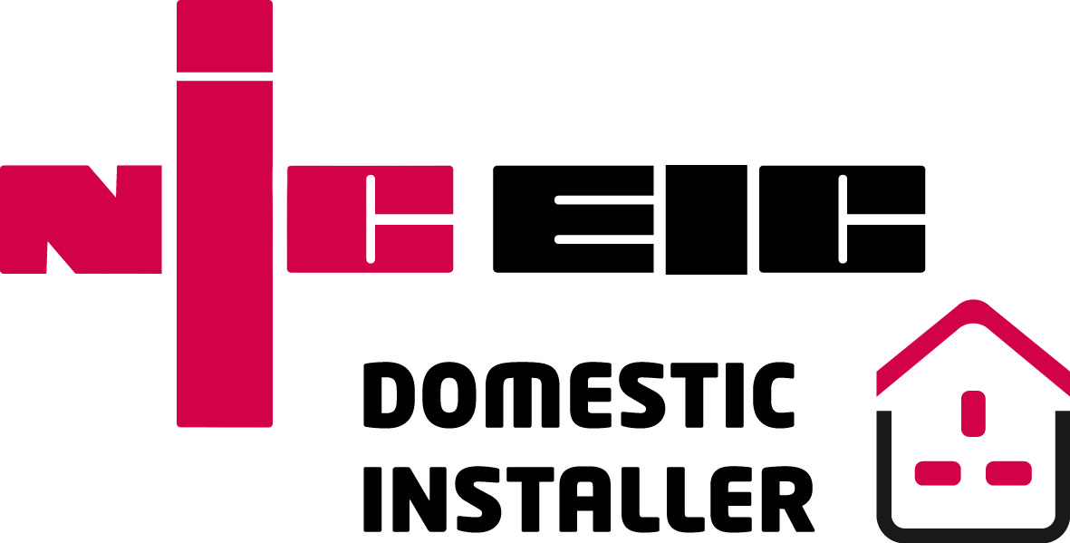 Logo for NICHE Domestic Installer, featuring bold black and red text with a house graphic on the right.