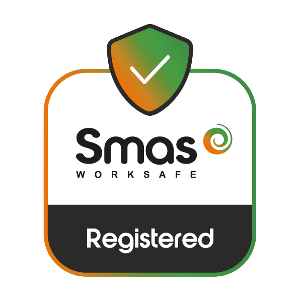 Smas WorkSafe registration badge with a green check mark shield.