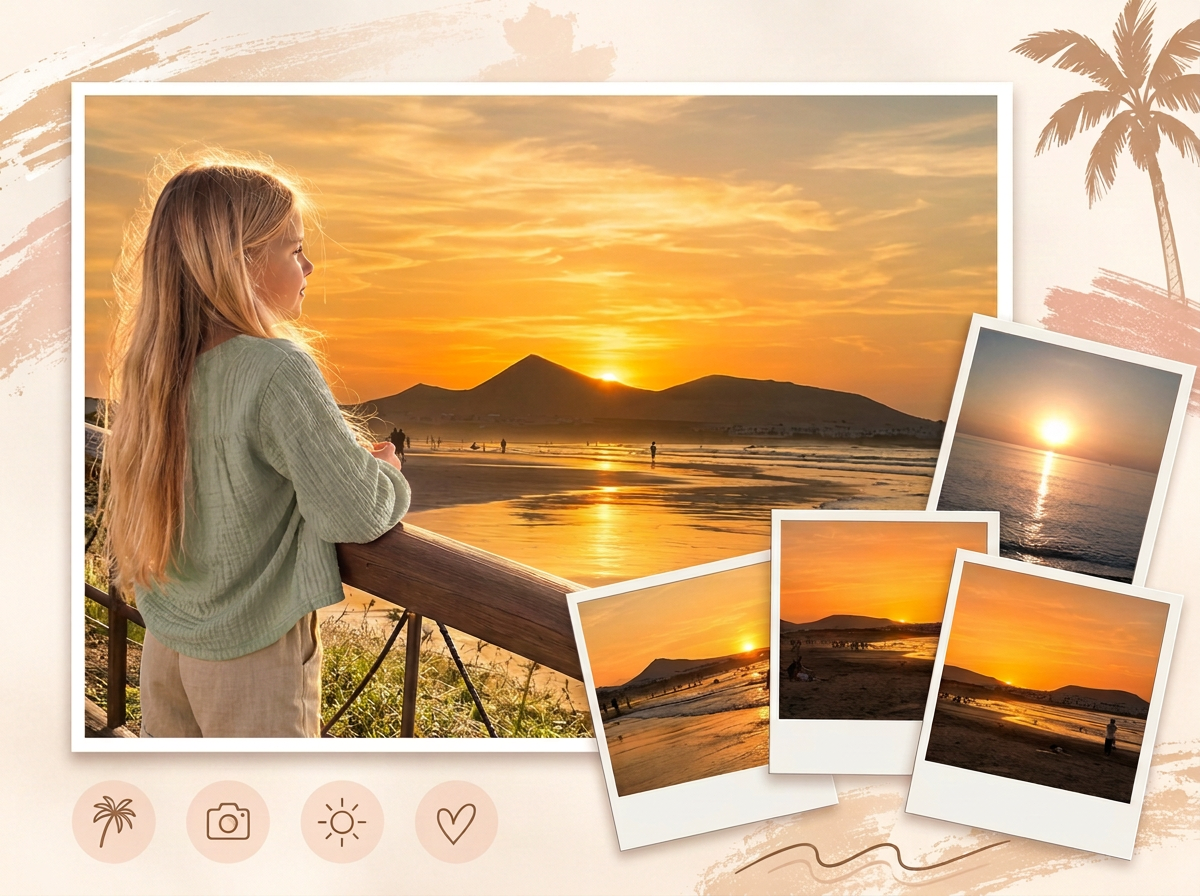 Una niña con cabello rubio y largo observa la puesta del sol en la playa, con montañas y cielo nublado de fondo.