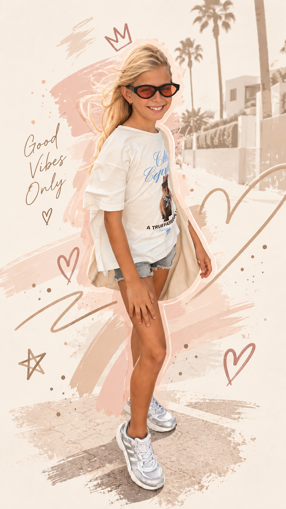 Joven sonriendo con gafas de sol, camiseta con diseño y texto, shorts de mezclilla, y calzado deportivo, en un fondo con decoraciones de corazones, estrellas, y la frase 'Good Vibes Only'.