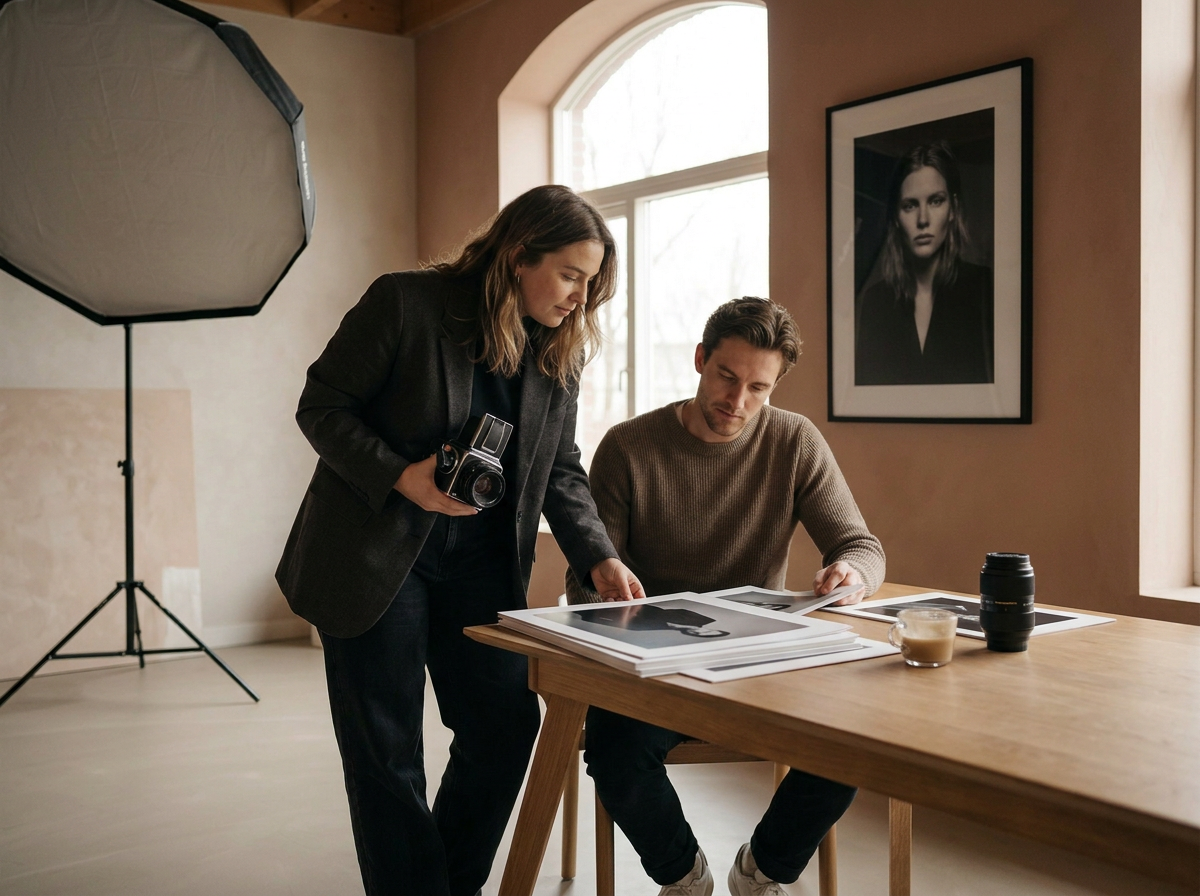 Un hombre y una mujer revisando fotos en una mesa en un estudio fotográfico, con un fondo de paredes de color beige y un retrato enmarcado en la pared.