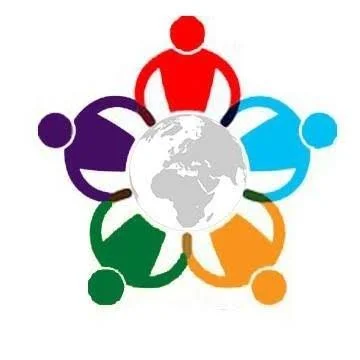 Illustration of five diverse people holding hands in a circle around a globe, representing global community and unity.