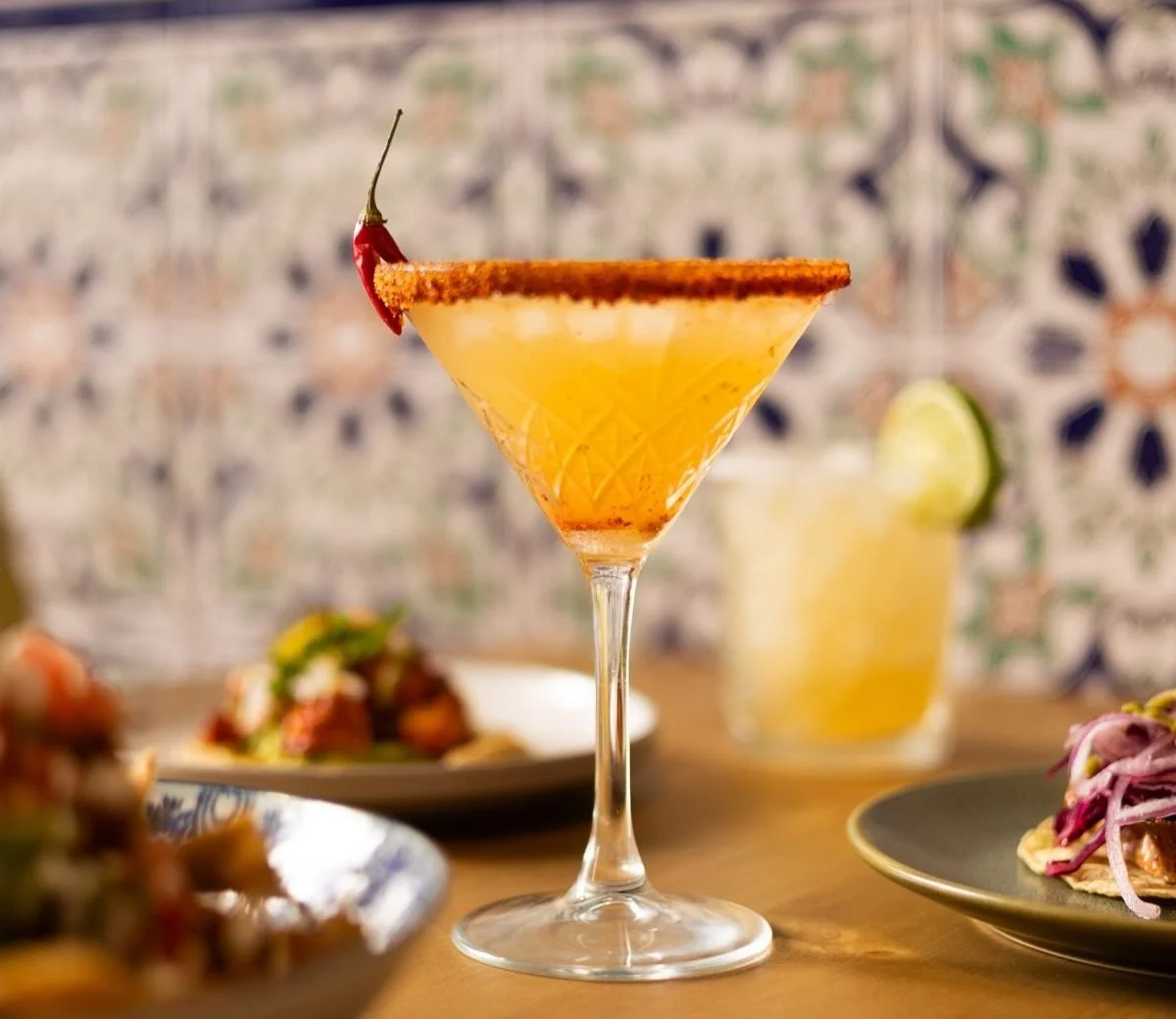 Chilli-rimmed margarita served alongside Mexican food at Six Seis