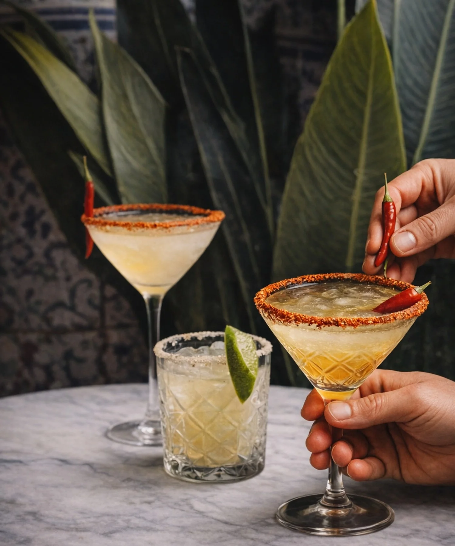 Margaritas with chilli-rimmed glasses and a lime-garnished cocktail at Six Seis Taquería