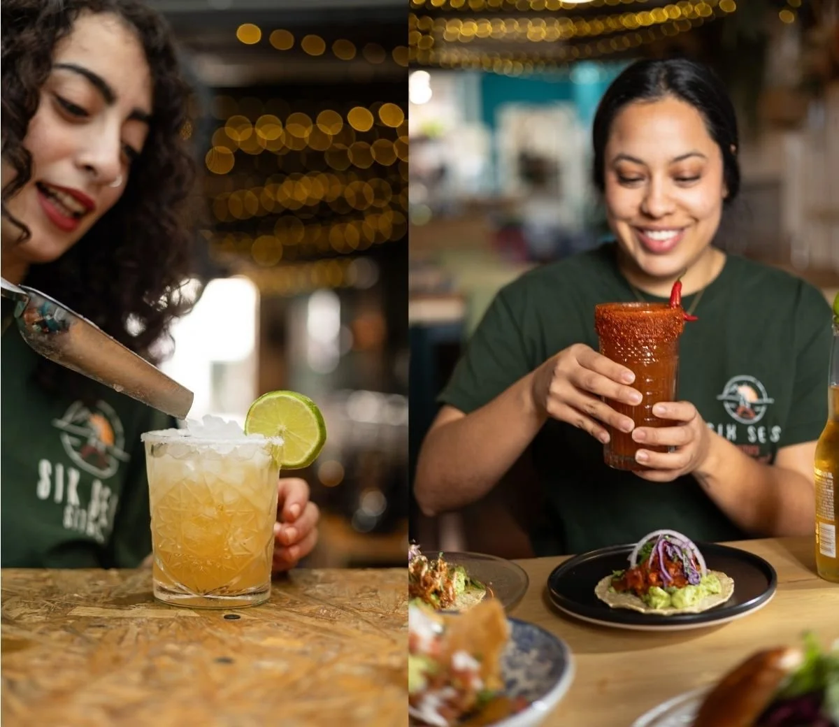 Dues persones gaudint de tacos i còctels a Six Seis Taquería