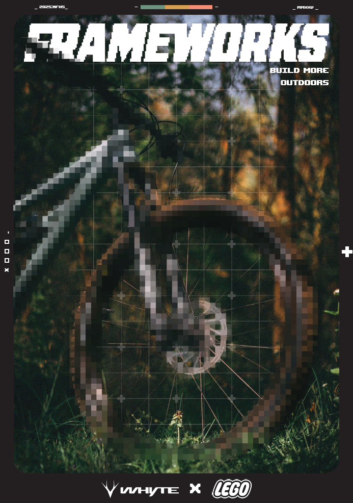 A pixelated photo of a bicycle outdoors with trees and grass in the background, featured on a magazine cover titled 'FRAMEWORKS'.