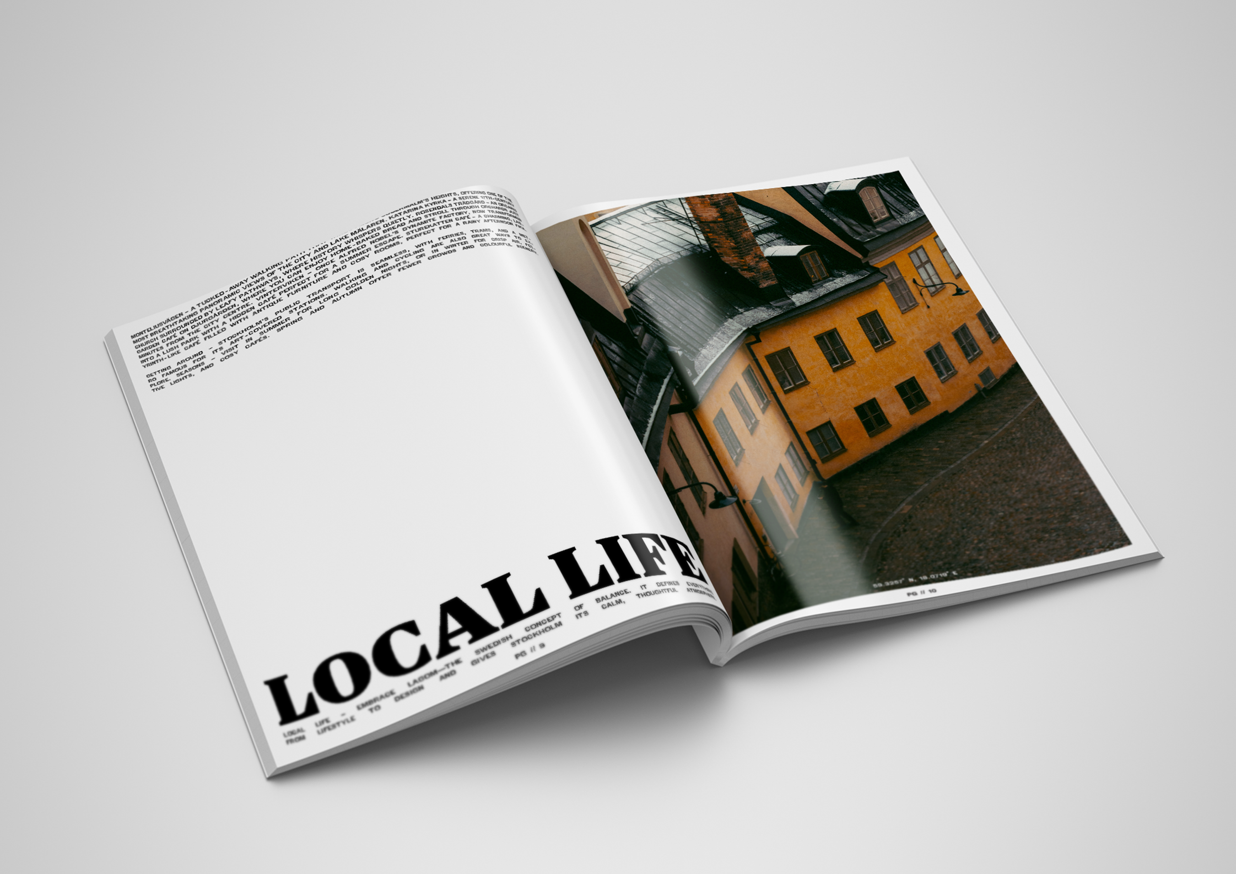 An open magazine showing a street scene with colorful buildings and a cobblestone street.
