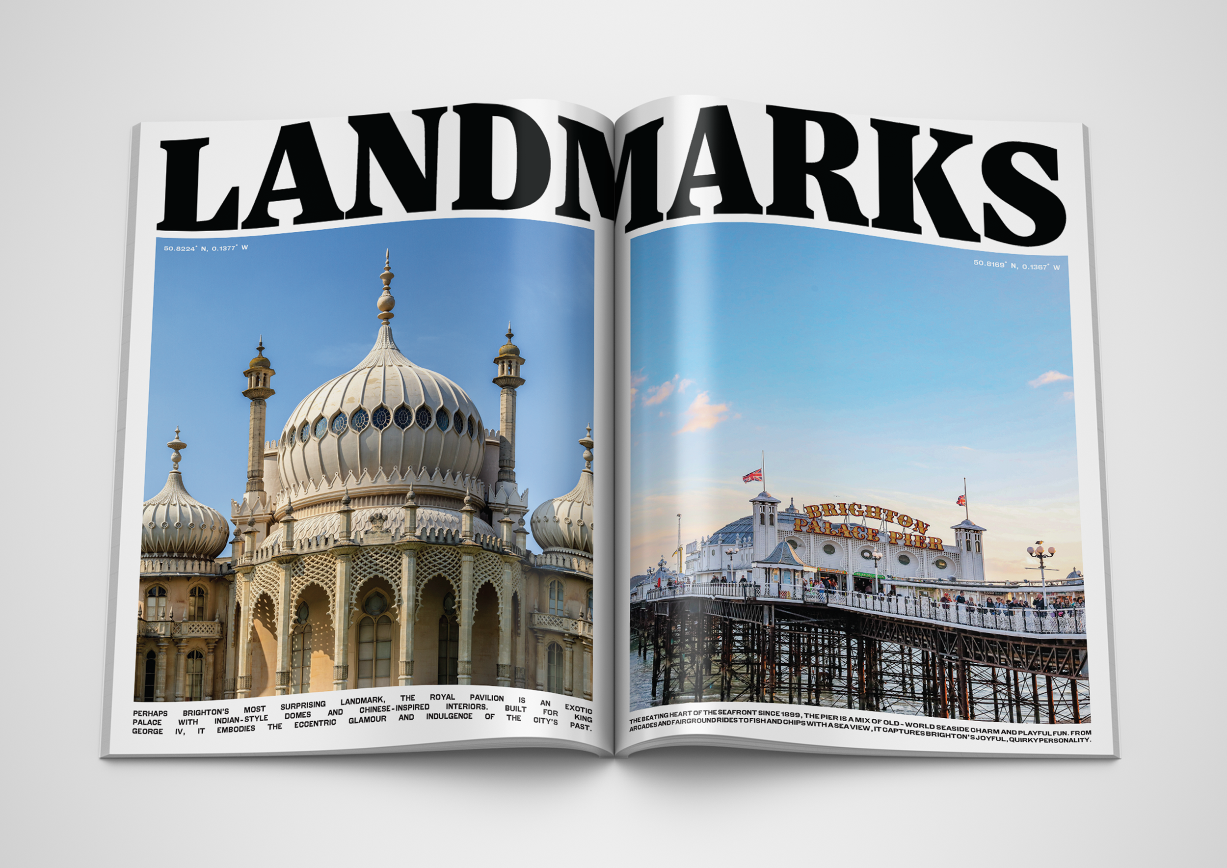 A two-page magazine spread featuring a photograph of a historic seaside pier with amusement park rides and a large building with domes in a Middle Eastern style. The headline reads 'LANDMARKS' in bold black letters across the top of both pages.