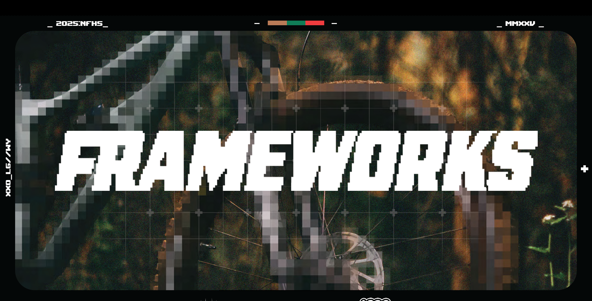 Pixelated image of a bicycle with a large white text overlay reading 'FRAMEWORKS' and an abstract background of trees and sky.