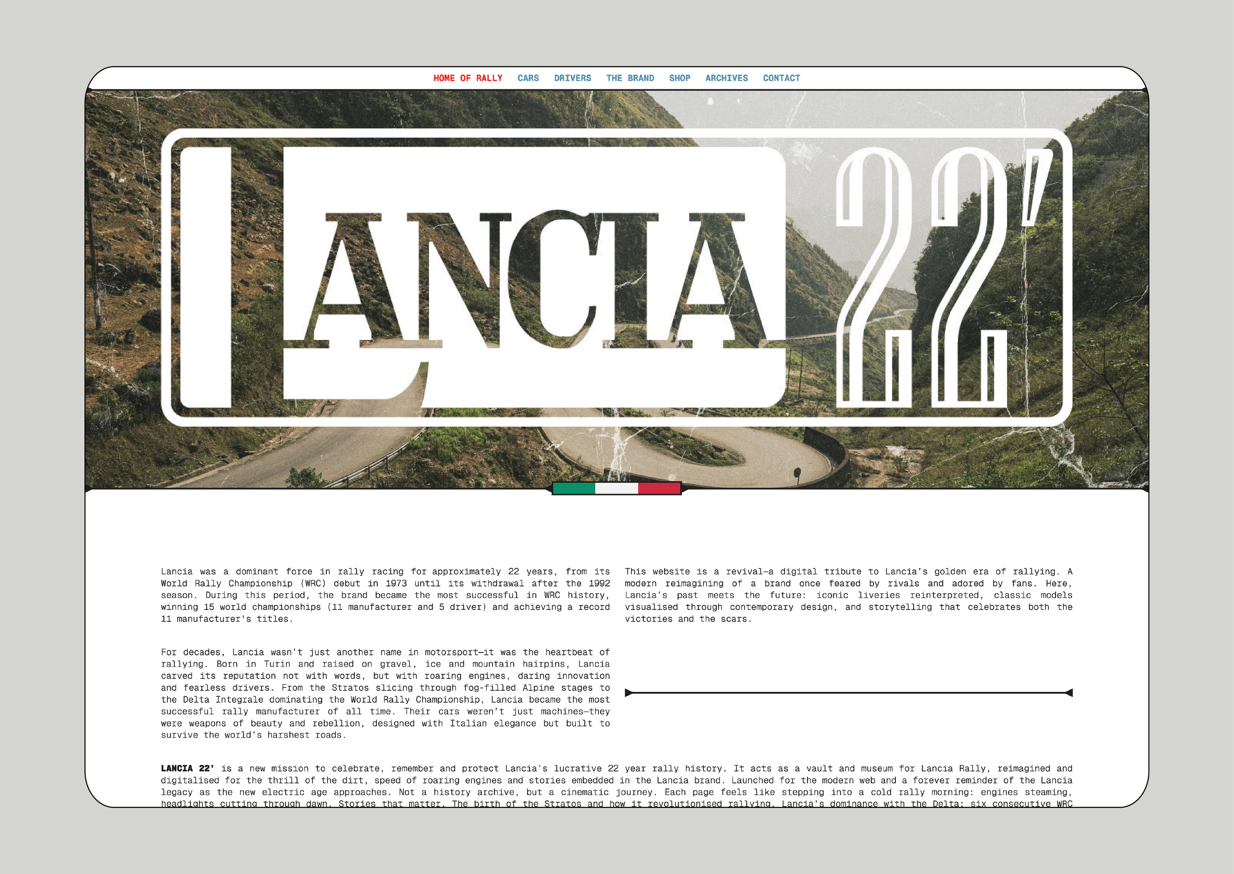 A website page about my Lancia rally personal project with the title 'LANCIA 22'.