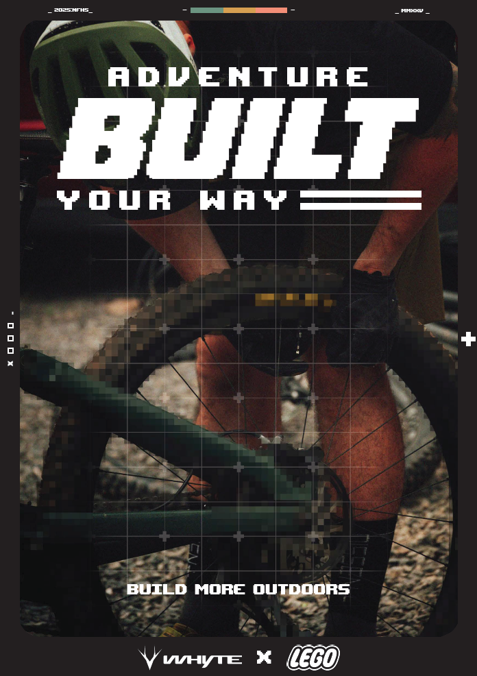 A person wearing a green helmet and black shorts stands behind a mountain bike with a pixelated background. The text on the image reads "Adventure Built Your Way" and "Build More Outdoors". Logos for WAYTE and LEGO are at the bottom.