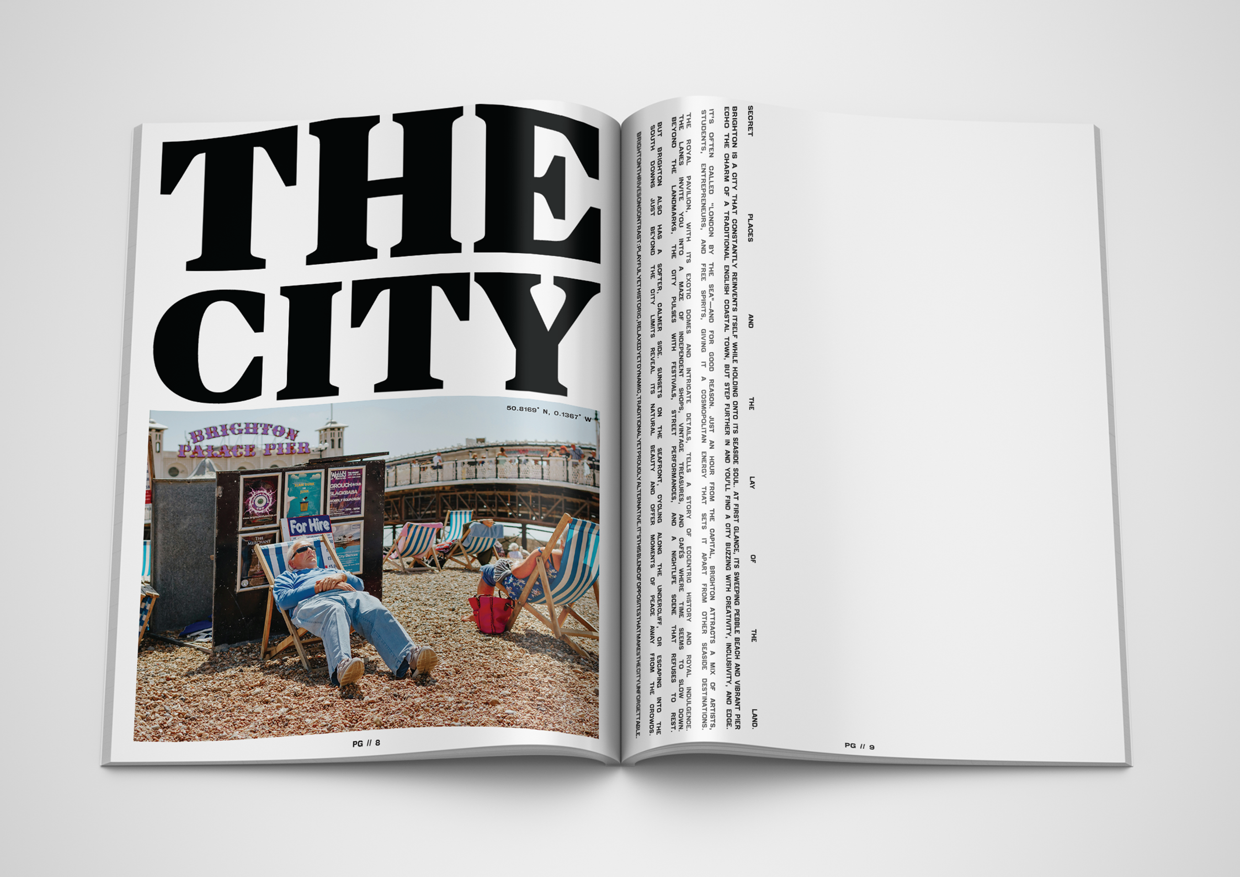 Open magazine showing Page 8 with large bold title 'THE CITY' and a page 9 with a photo of people relaxing on chairs at Brighton Palace Pier, beach, and seaside attractions.