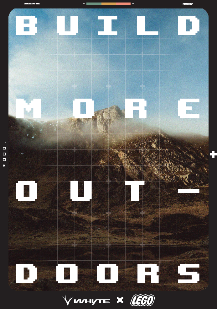 A mountain landscape with a partly cloudy sky and the words "Build More Out Doors" in large white pixelated font across the sky and mountain.