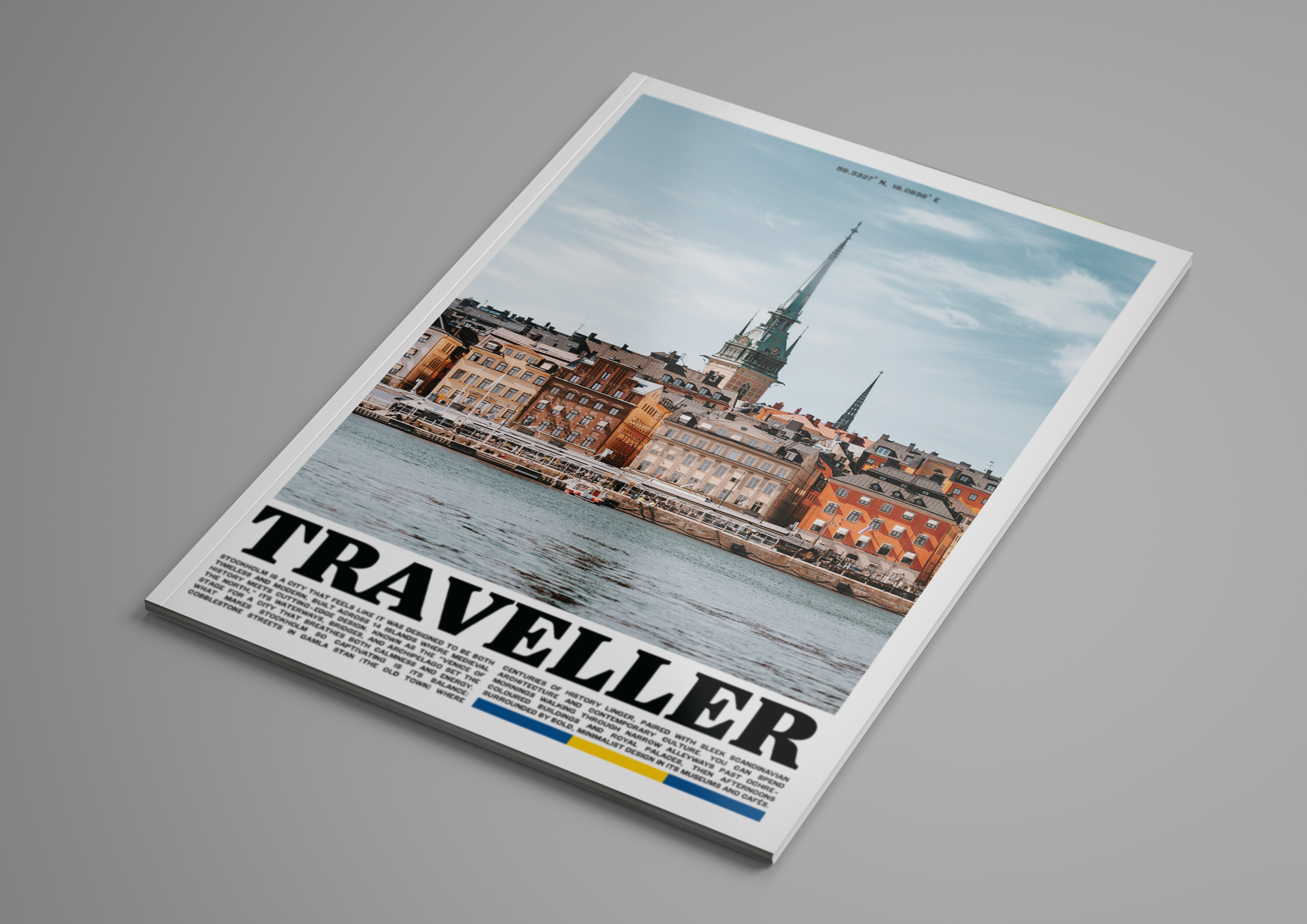 A newspaper with a large photo of a city skyline featuring historic buildings and a river in the foreground.