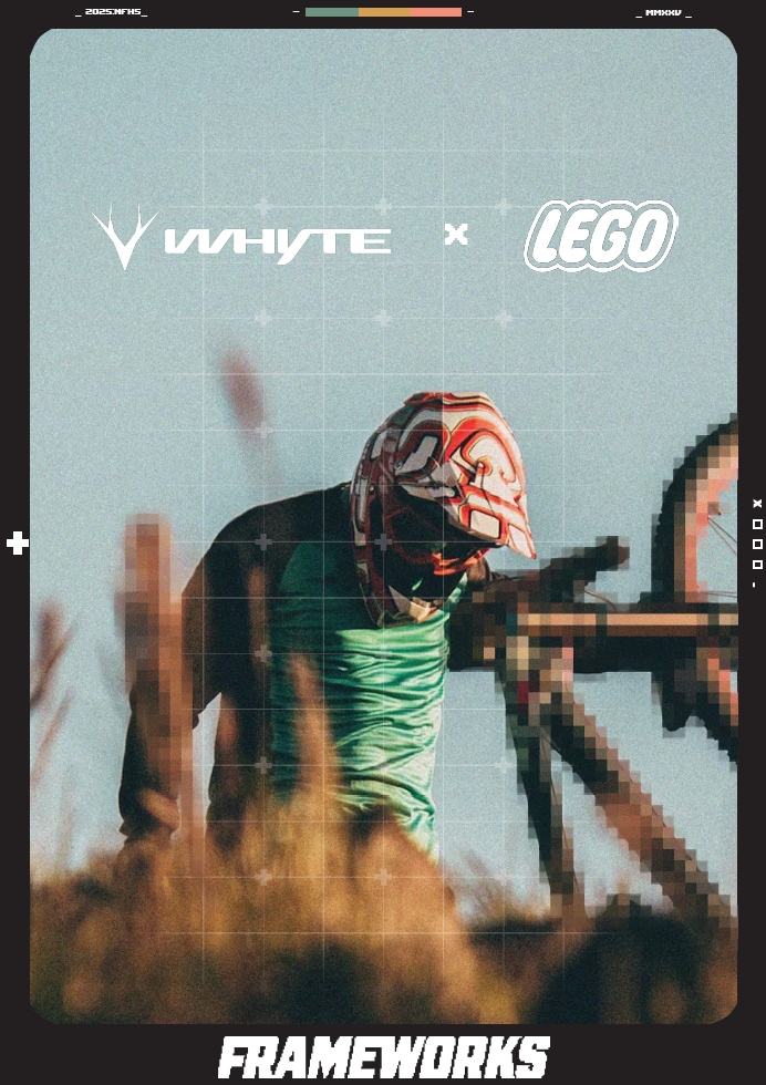 A person wearing a helmet and sunglasses, holding a planter, with a connection between Nike White and LEGO logos at the top, and the word 'FRAMEWORKS' at the bottom, in a stylized promotional poster.