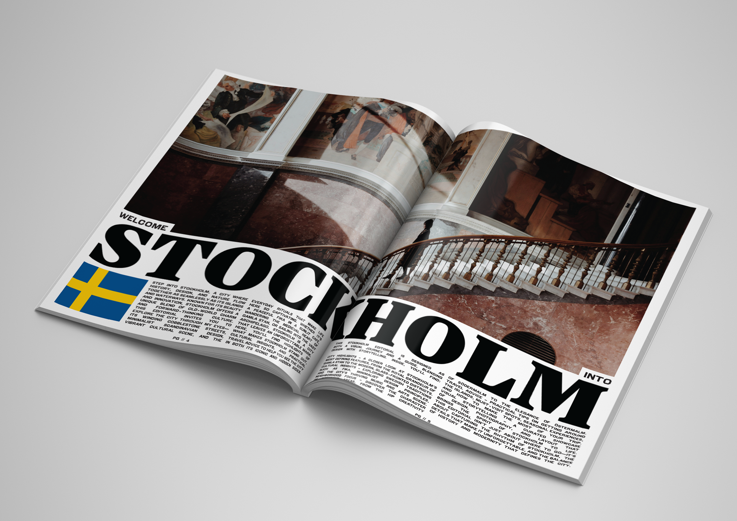 An open magazine displaying a feature about Stockholm, with images of the city’s interior and architecture, including a grand staircase with a wooden handrail and ornate railings, and artwork on the walls.